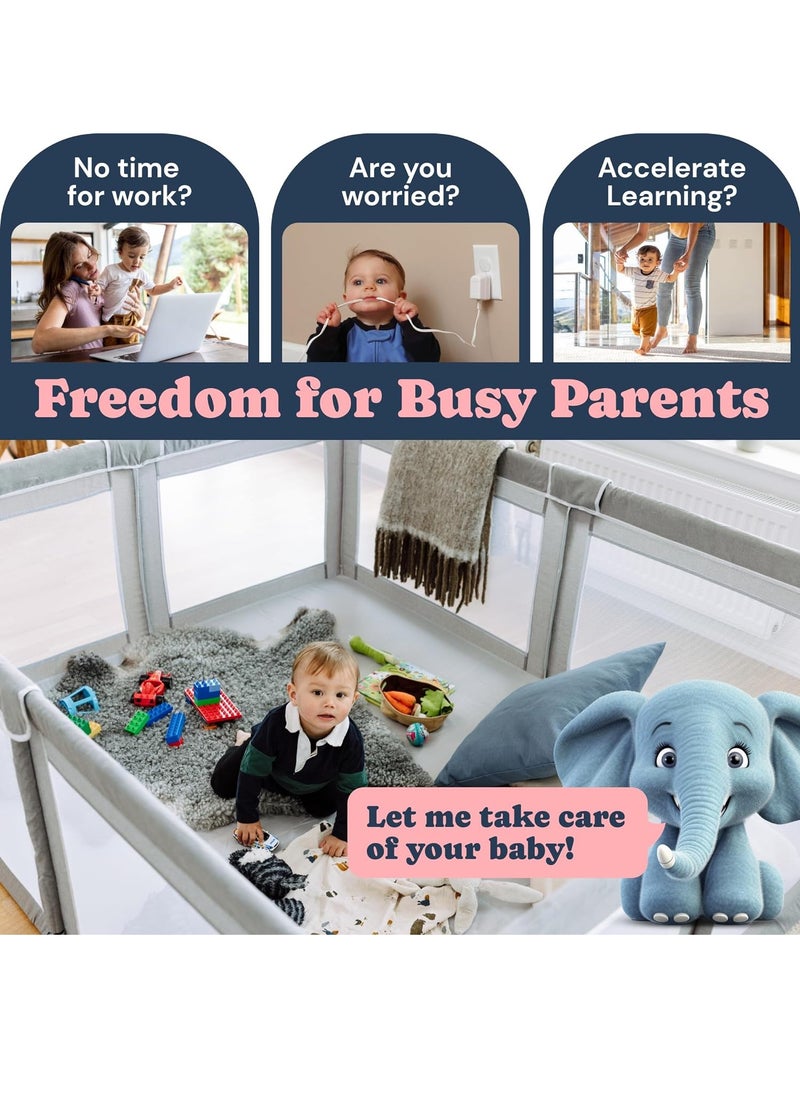 Baby Playpen, Toddler Playpen with Foam Play Mat, 150*180cm Baby Safety Guardrail, Children's Playground with Breathable Net and Non-slip Base, 2 Rattles, 60 Balls, 4 Pull Rings, Ball Rack Net (Gray)
