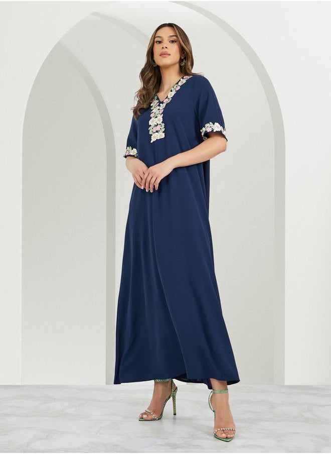Styli Floral Lace Trim V Neck Jalabiya  - Image 1