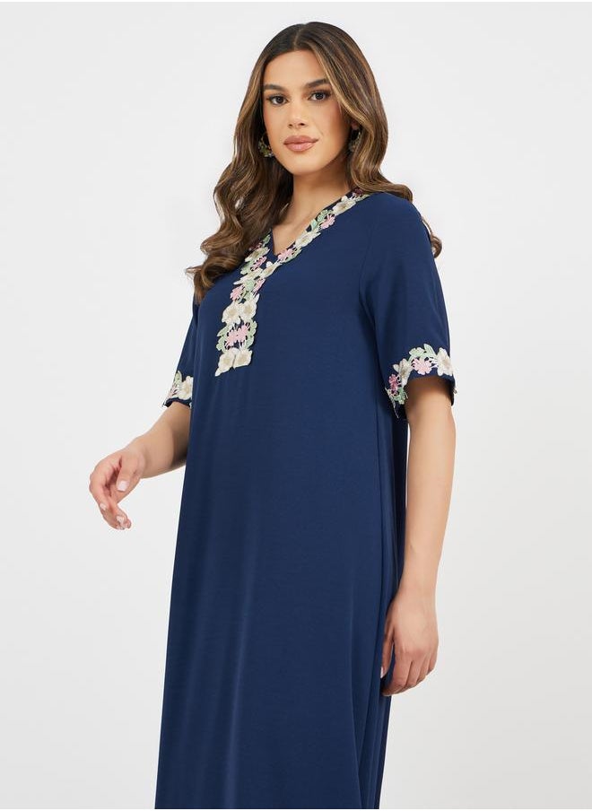 Styli Floral Lace Trim V Neck Jalabiya  - Image 3