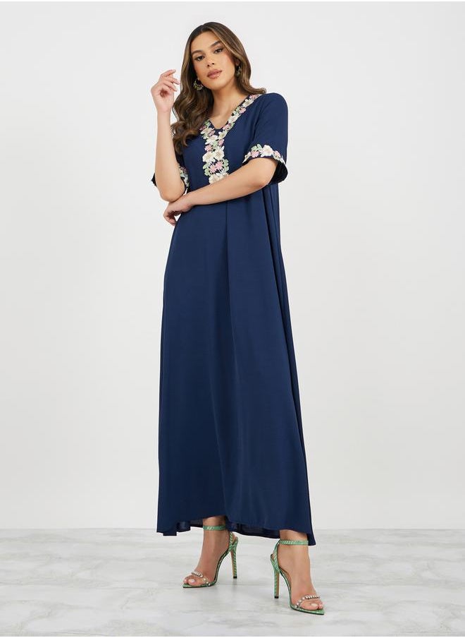 Styli Floral Lace Trim V Neck Jalabiya  - Image 2