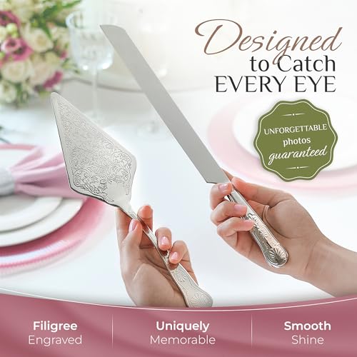 Orblue Wedding Cake Knife and Server Set - Premium, Beautifully Engraved Cutting Set - Elegant Keepsake for Newlyweds Silver - Image 3