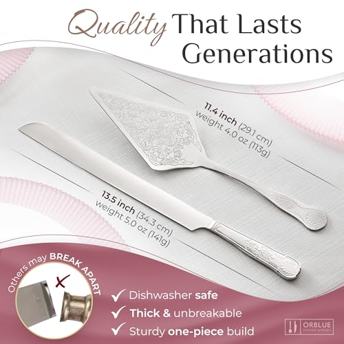 Orblue Wedding Cake Knife and Server Set - Premium, Beautifully Engraved Cutting Set - Elegant Keepsake for Newlyweds Silver - Image 4