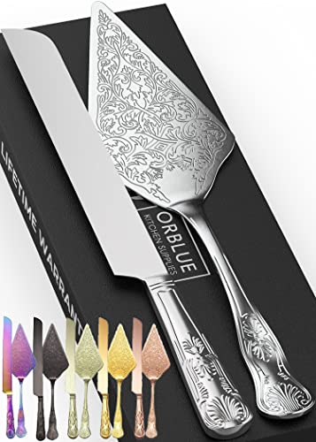 Orblue Wedding Cake Knife and Server Set - Premium, Beautifully Engraved Cutting Set - Elegant Keepsake for Newlyweds Silver - Image 1