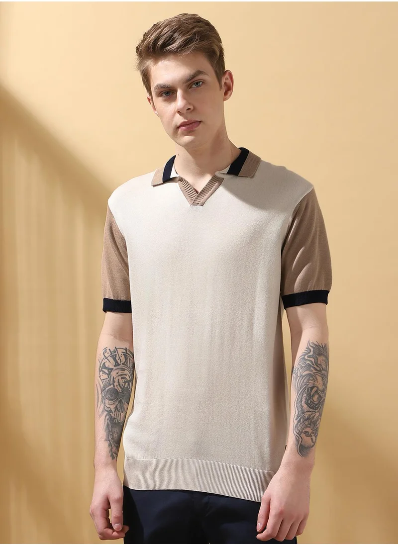 Dennis Lingo Men's Marshmallow 100% Cotton Colour Blocked Regular Fit T-Shirt
