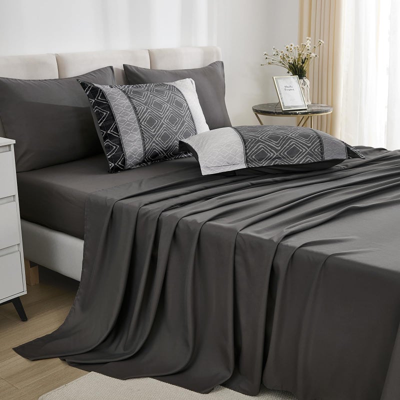 Dinjoy Queen Comforter Set Dark Gray Boho,Soft 7 Piece Bed in a Bag Queen Size Lightweight Black Bedding Sets Striped Comforters with Plaid Bed Set with Sheets for Men All Season - Image 3