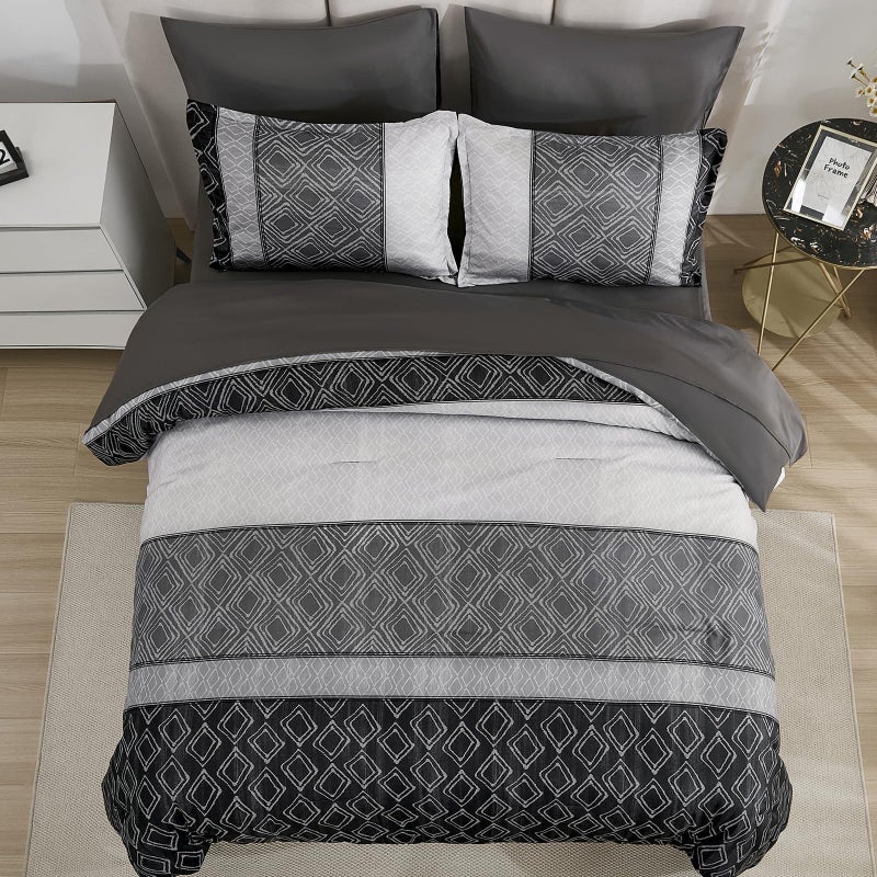 Dinjoy Queen Comforter Set Dark Gray Boho,Soft 7 Piece Bed in a Bag Queen Size Lightweight Black Bedding Sets Striped Comforters with Plaid Bed Set with Sheets for Men All Season - Image 2