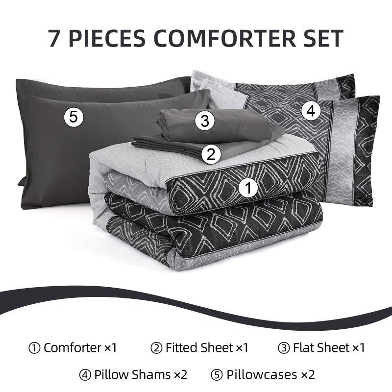Dinjoy Queen Comforter Set Dark Gray Boho,Soft 7 Piece Bed in a Bag Queen Size Lightweight Black Bedding Sets Striped Comforters with Plaid Bed Set with Sheets for Men All Season - Image 5