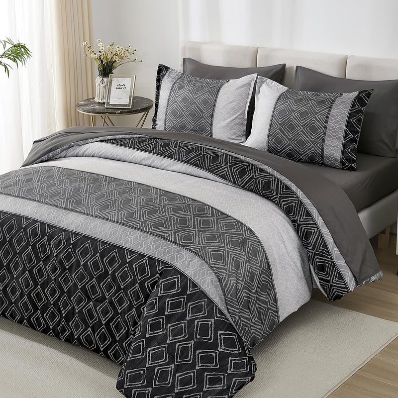 Dinjoy Queen Comforter Set Dark Gray Boho,Soft 7 Piece Bed in a Bag Queen Size Lightweight Black Bedding Sets Striped Comforters with Plaid Bed Set with Sheets for Men All Season - Image 1