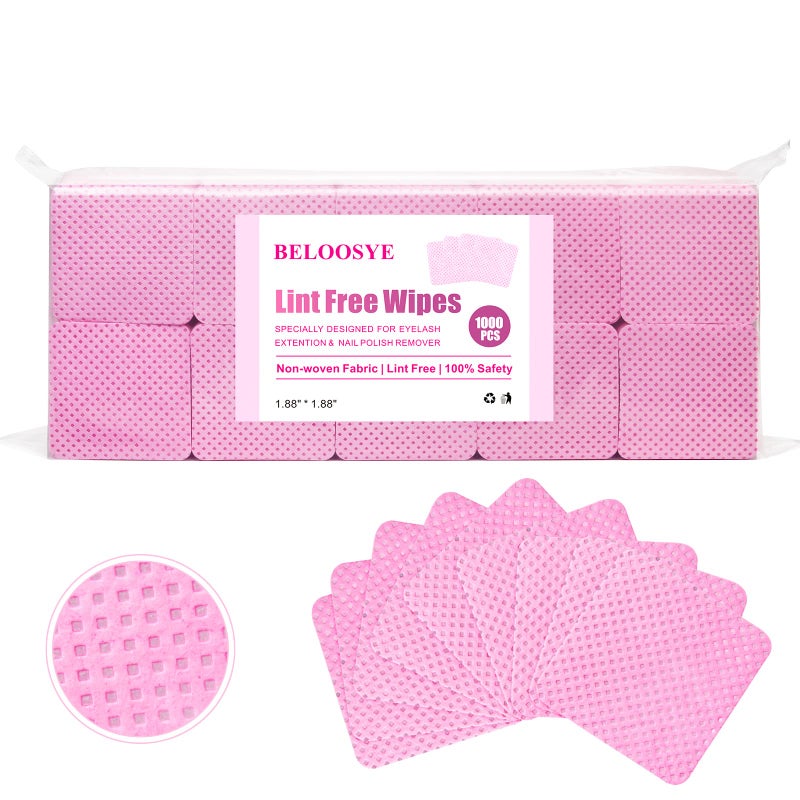 BELOOSYE 1000 PCS Lint Free Nail Wipes Eyelash Extension Glue Wipes Super Absorbent Soft Nonwoven Fabric Nail Polish Remover Wipes Cleaning Pad Cloth for Lash Extension Supplies  Nail Polish BottlePink