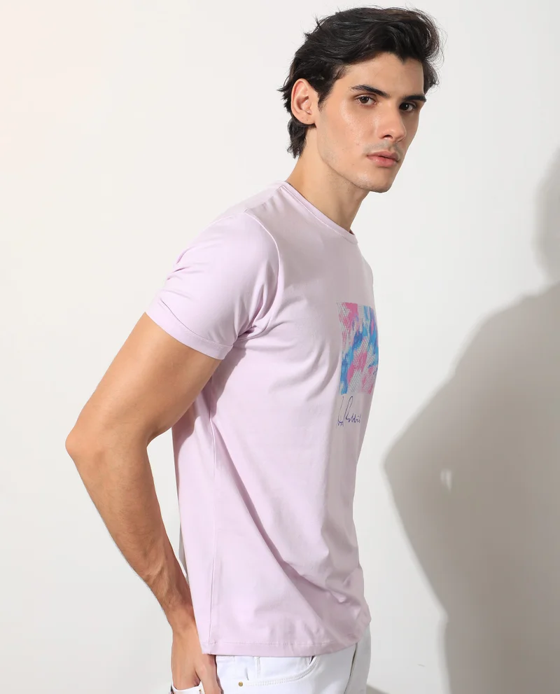 Rare Rabbit Rare Rabbit Men's Reed Pink Crew Neck Abstract Print With Branding Half Sleeves Slim Fit T-Shirt