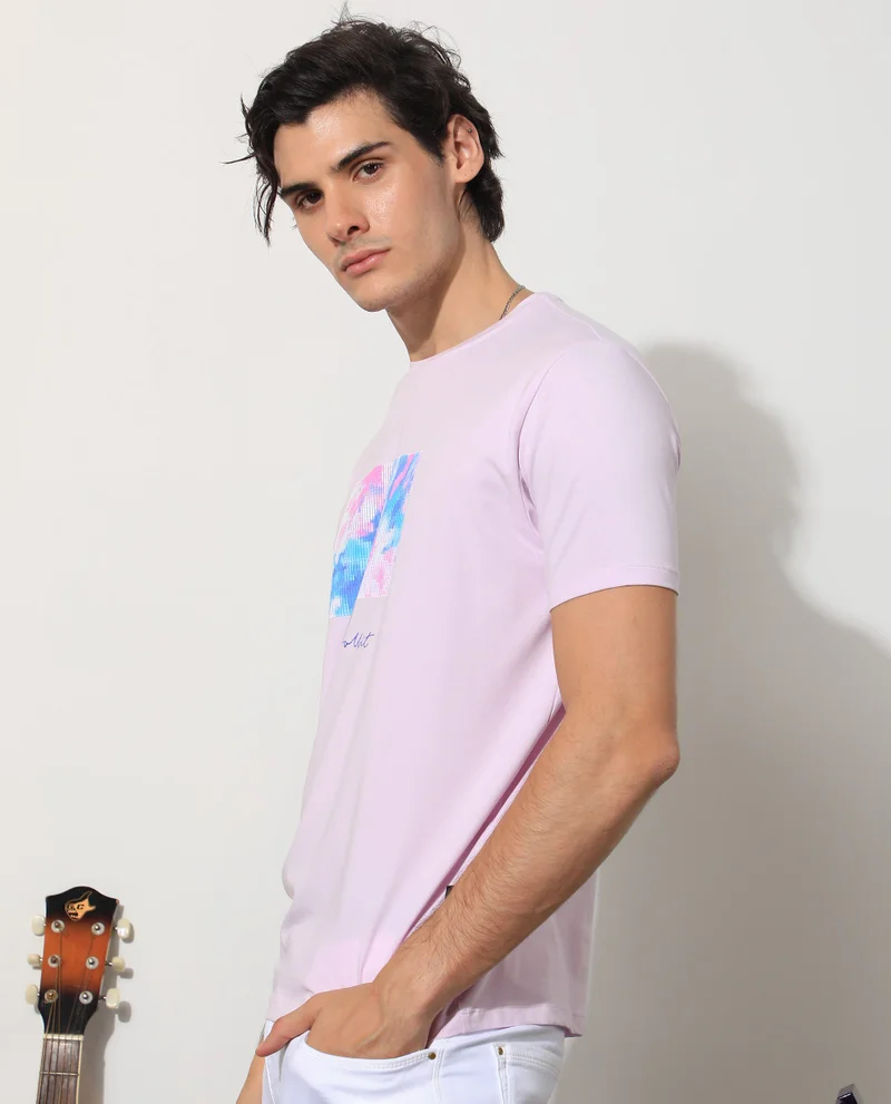 Rare Rabbit Rare Rabbit Men's Reed Pink Crew Neck Abstract Print With Branding Half Sleeves Slim Fit T-Shirt