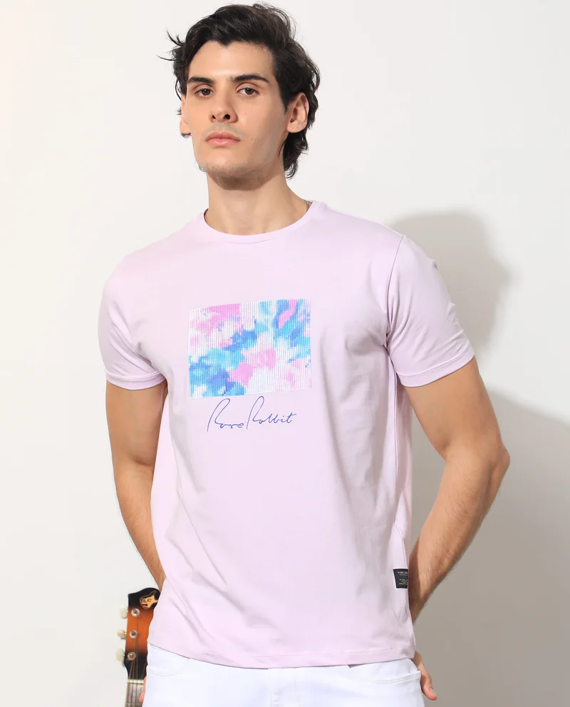 Rare Rabbit Rare Rabbit Men's Reed Pink Crew Neck Abstract Print With Branding Half Sleeves Slim Fit T-Shirt