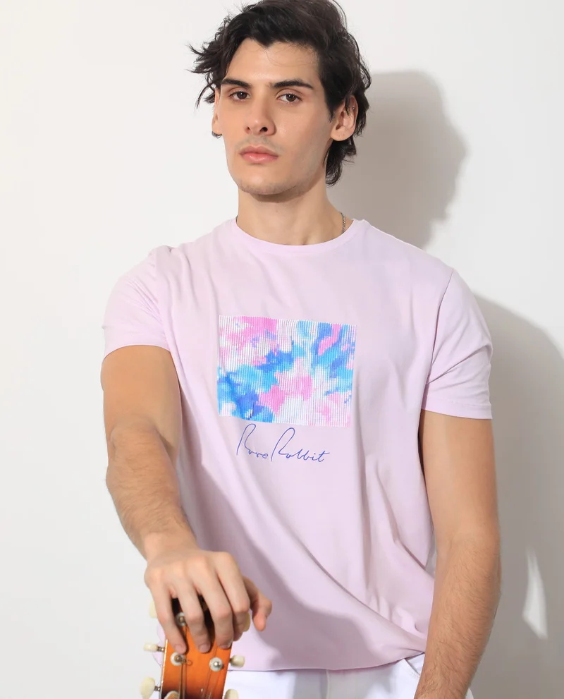 Rare Rabbit Rare Rabbit Men's Reed Pink Crew Neck Abstract Print With Branding Half Sleeves Slim Fit T-Shirt