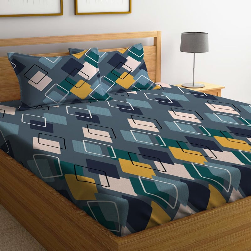 LOOMLYFE 300 TC Cotton Feel Glace Cotton Elastic Fitted Printed King Size Double Bed Bedsheet with 2 Pillow Covers Fits Upto 8 inches Mattress, Size- 72X78 Inches, NavySquare - Image 1