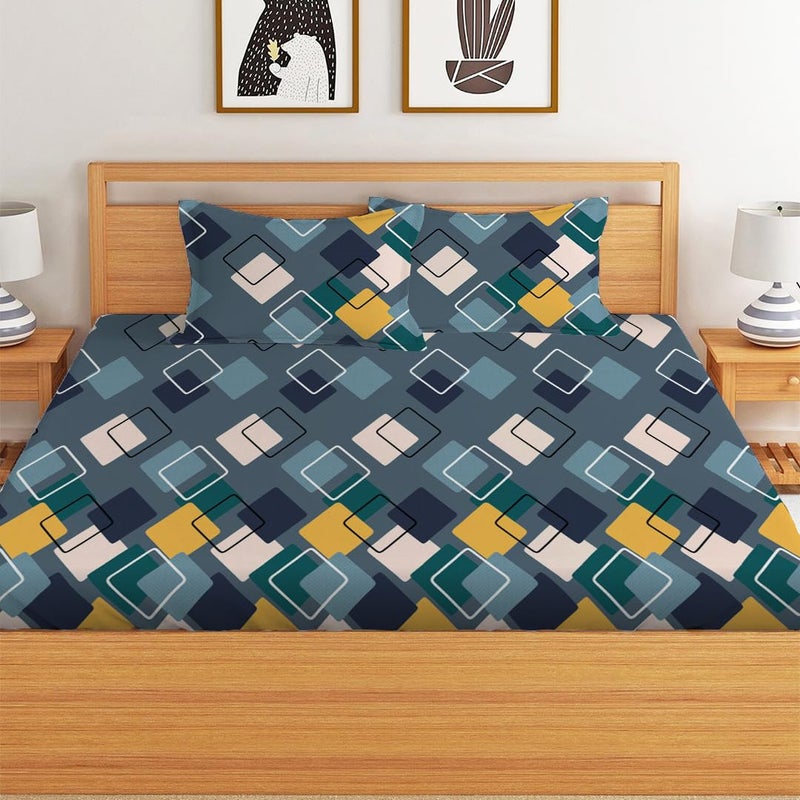 LOOMLYFE 300 TC Cotton Feel Glace Cotton Elastic Fitted Printed King Size Double Bed Bedsheet with 2 Pillow Covers Fits Upto 8 inches Mattress, Size- 72X78 Inches, NavySquare - Image 2