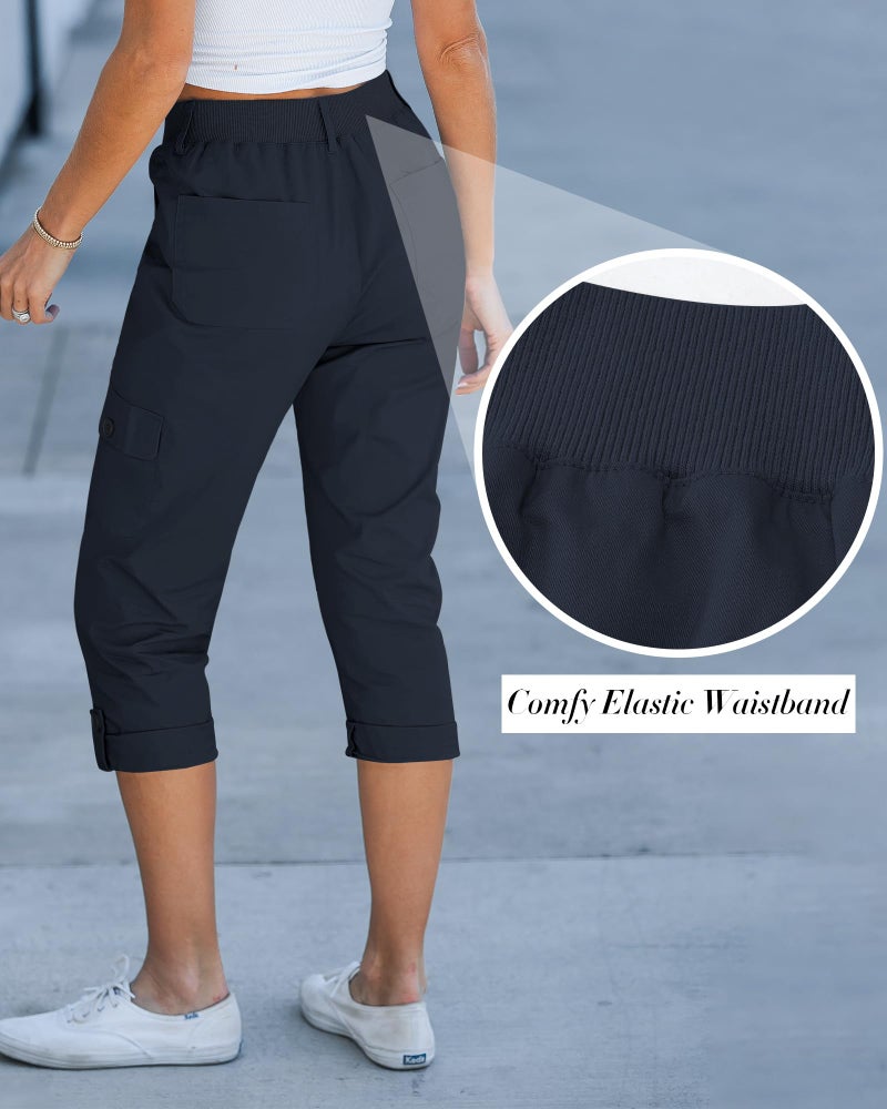 GRAPENT Summer Cargo Capris with Pockets - Women's High Waisted Chino Utility Pants - Navy Blue - Sizes 12 & 14 - Image 2