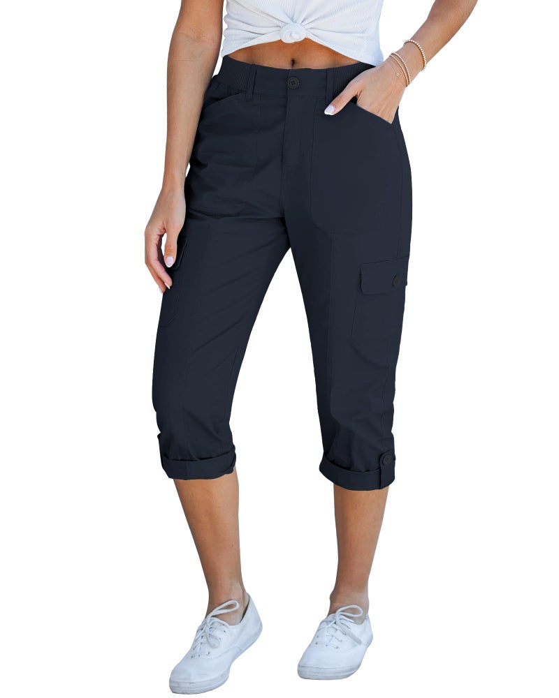 GRAPENT Summer Cargo Capris with Pockets - Women's High Waisted Chino Utility Pants - Navy Blue - Sizes 12 & 14 - Image 1