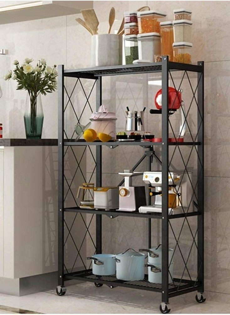 ULHYC - Foldable Metal Storage Rack With Wheels, Heavy Duty Wire Shelves, No Assembly Required, For Garage Kitchen Bedroom - Black - Image 1