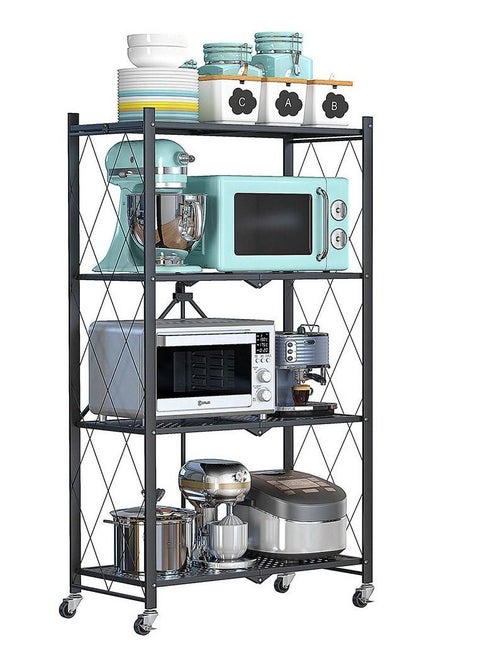 Foldable Metal Storage Rack With Wheels, Heavy Duty Wire Shelves, No Assembly Required, For Garage Kitchen Bedroom - Black
