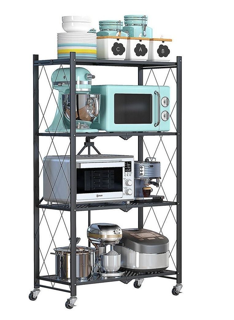 ULHYC - Foldable Metal Storage Rack With Wheels, Heavy Duty Wire Shelves, No Assembly Required, For Garage Kitchen Bedroom - Black - Image 1
