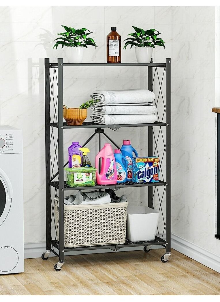 ULHYC - Foldable Metal Storage Rack With Wheels, Heavy Duty Wire Shelves, No Assembly Required, For Garage Kitchen Bedroom - Black - Image 1