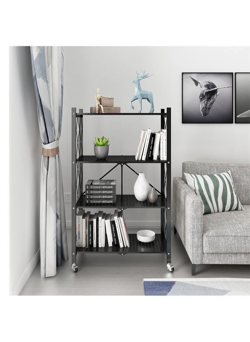 ULHYC - Foldable Metal Storage Rack With Wheels, Heavy Duty Wire Shelves, No Assembly Required, For Garage Kitchen Bedroom - Black - Image 1