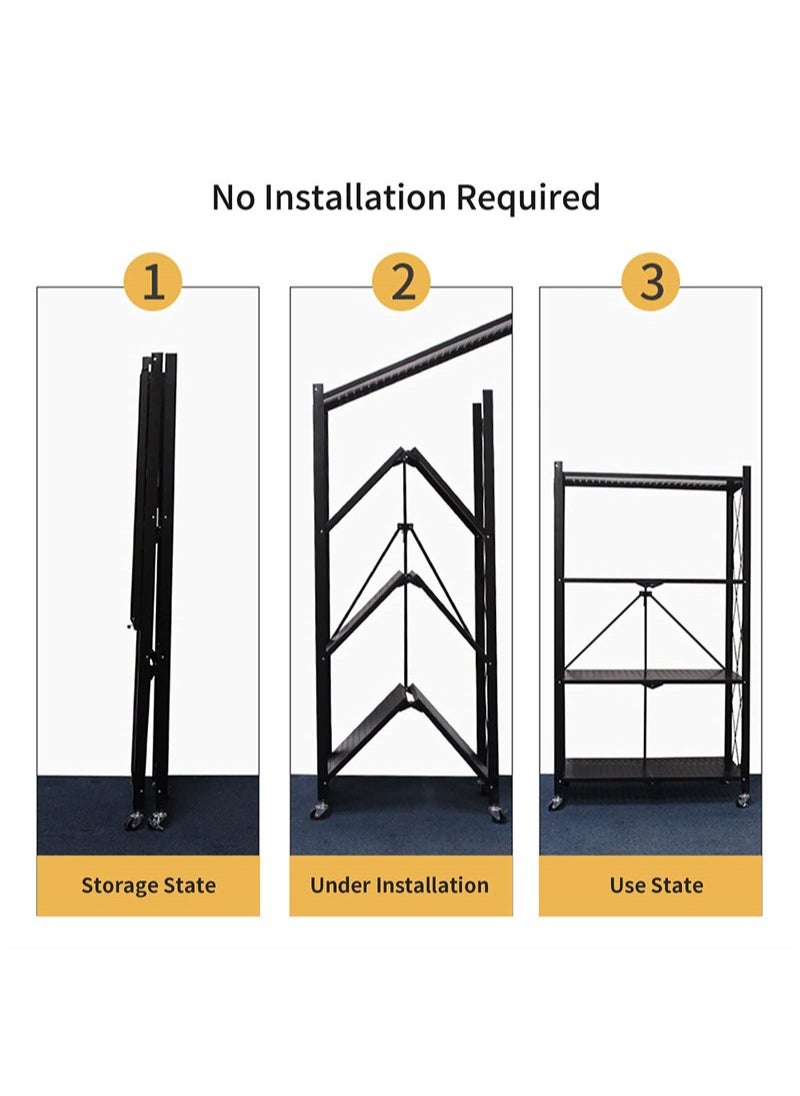 ULHYC - Foldable Metal Storage Rack With Wheels, Heavy Duty Wire Shelves, No Assembly Required, For Garage Kitchen Bedroom - Black - Image 1