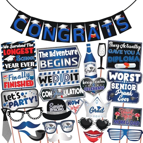 Wobbox Graduation Photo Booth Party Props with Congrats Bunting Banner, Blue & Grey Gradient, Graduation Party Decoration, Graduation Decoration Item - Image 1