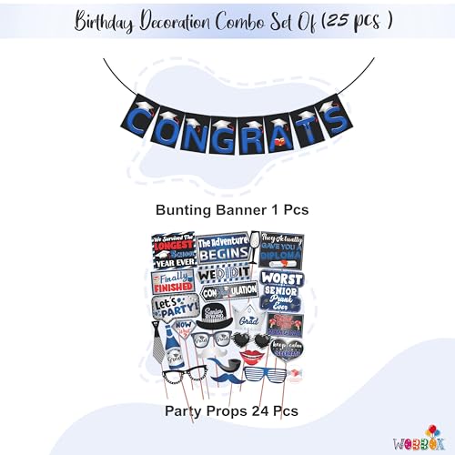 Wobbox Graduation Photo Booth Party Props with Congrats Bunting Banner, Blue & Grey Gradient, Graduation Party Decoration, Graduation Decoration Item - Image 2