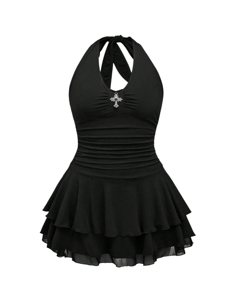 BEAUDRM Women's Plus Size Y2k Goth Mini Dress Grunge Punk V Neck Tie Back Halter Short Dresses Gothic Halloween Costumes Black XX-Large Plus - Image 1
