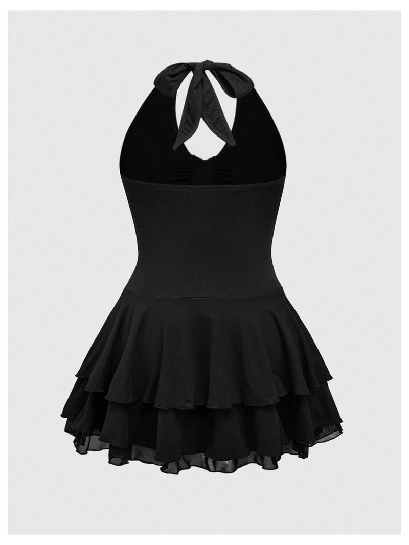 BEAUDRM Women's Plus Size Y2k Goth Mini Dress Grunge Punk V Neck Tie Back Halter Short Dresses Gothic Halloween Costumes Black XX-Large Plus - Image 2