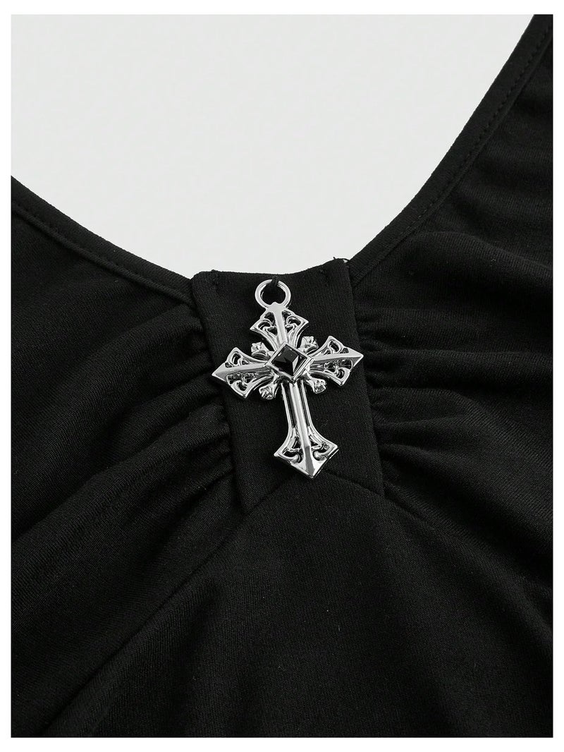BEAUDRM Women's Plus Size Y2k Goth Mini Dress Grunge Punk V Neck Tie Back Halter Short Dresses Gothic Halloween Costumes Black XX-Large Plus - Image 4