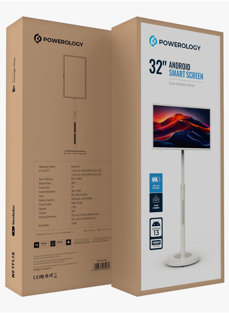 32" Android Smart Screen with Stand & Camera /Netflix/YouTube/Google Play/ Full HD 1080p Display / Touchscreen Android Monitor/ Rechargeable / Smart Display with Tablet-like Functionality - White