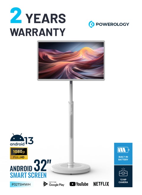 32" Android Smart Screen with Stand & Camera /Netflix/YouTube/Google Play/ Full HD 1080p Display / Touchscreen Android Monitor/ Rechargeable / Smart Display with Tablet-like Functionality - White