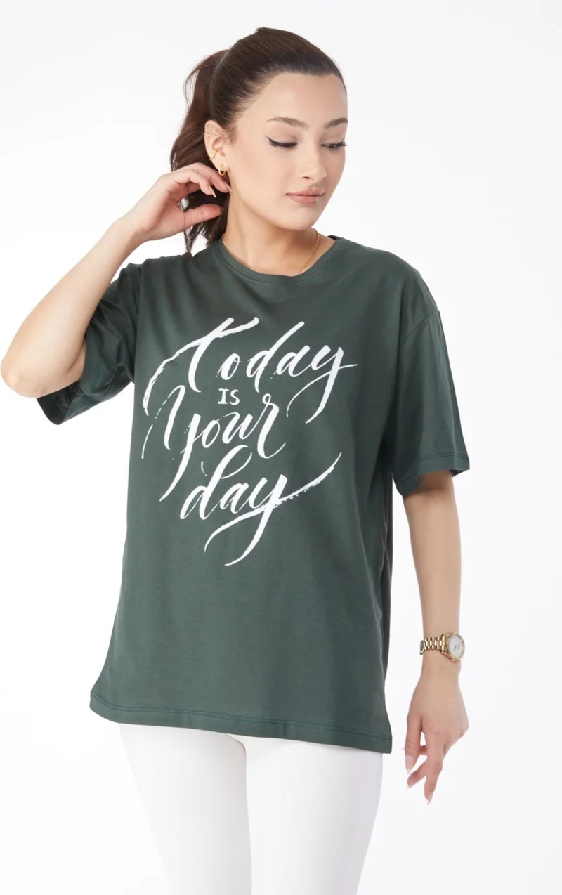 Tofisa 24652-HAKI Crew Neck Short Sleeve Printed T-Shirt
