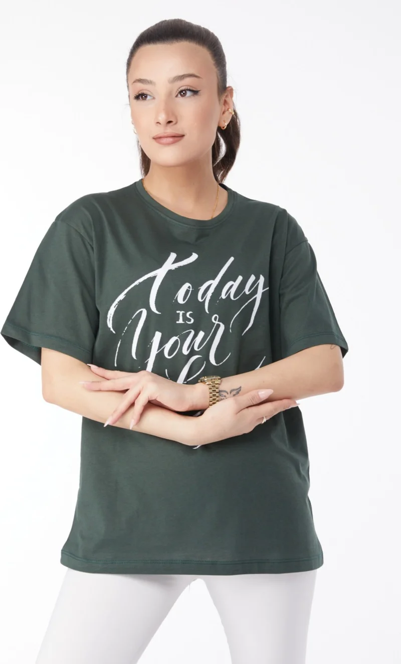 Tofisa 24652-HAKI Crew Neck Short Sleeve Printed T-Shirt