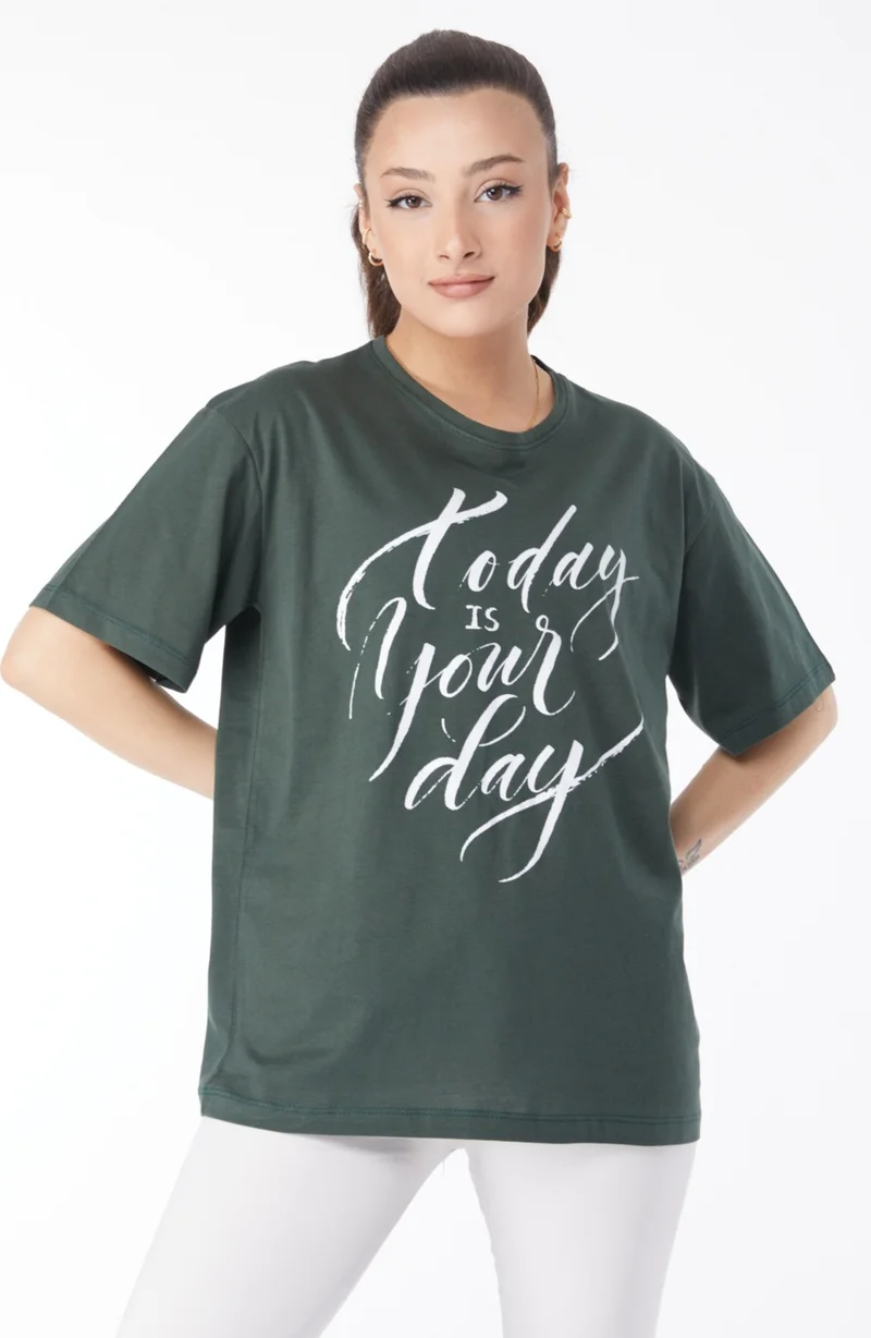 Tofisa 24652-HAKI Crew Neck Short Sleeve Printed T-Shirt