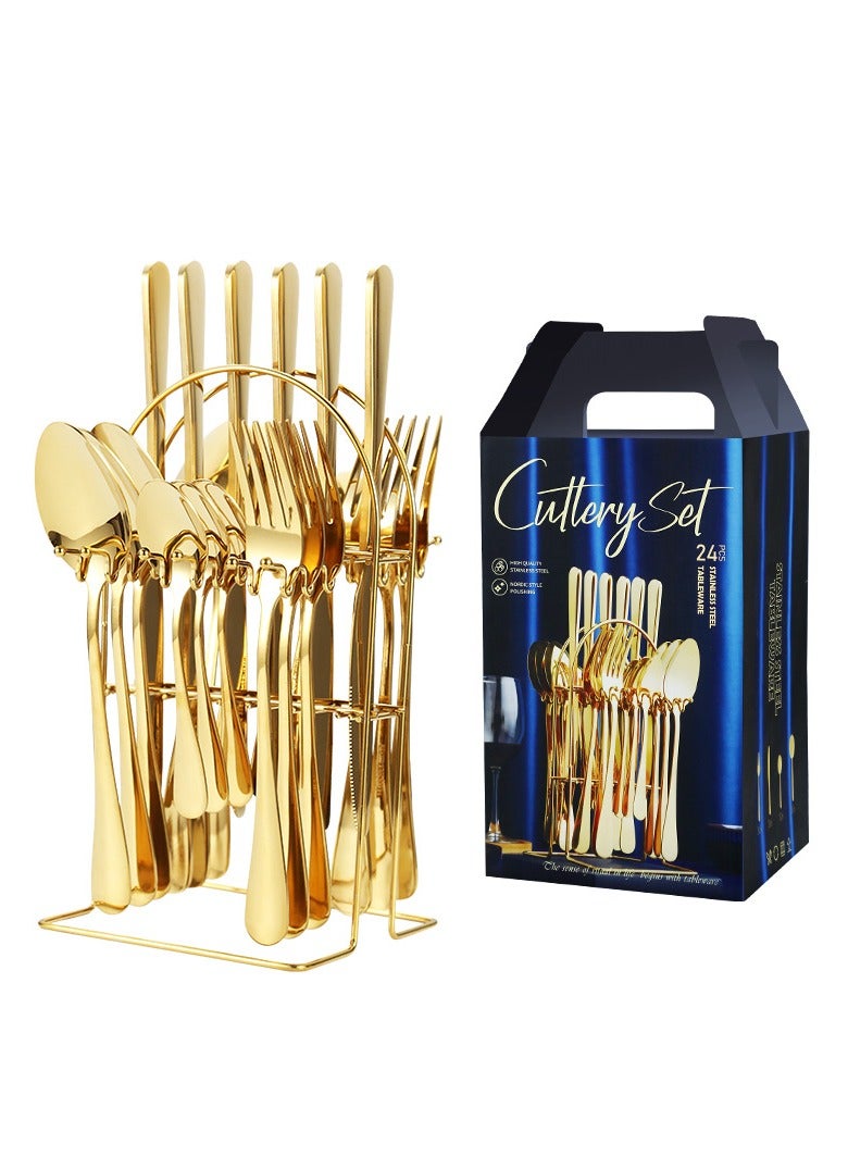general 24 pieces of gold cutlery set with stand including spoon, fork and knife, stainless steel hanger set, home kitchen cutlery set - Image 1