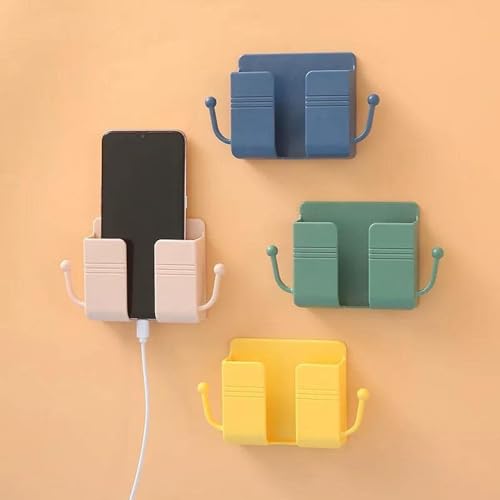 Upkaranwale Pack of 2 Wall Mount Phone Holder Mobile Charging Stand with 2 Hook Mobie Holder for Bedroom Bathroom Kitchen Shelves Office Table Top - Abs Multicolor - Image 1