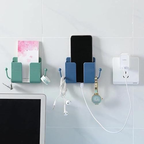 Upkaranwale Pack of 2 Wall Mount Phone Holder Mobile Charging Stand with 2 Hook Mobie Holder for Bedroom Bathroom Kitchen Shelves Office Table Top - Abs Multicolor - Image 2
