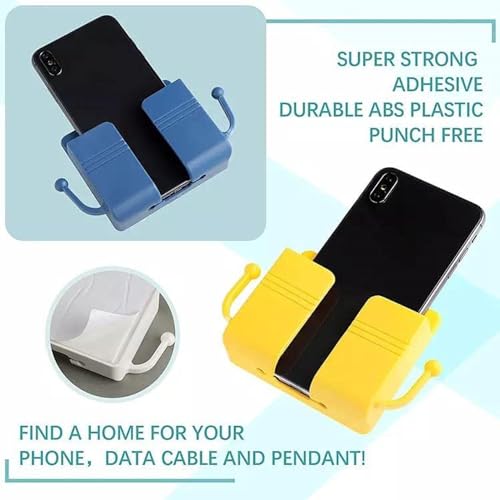 Upkaranwale Pack of 2 Wall Mount Phone Holder Mobile Charging Stand with 2 Hook Mobie Holder for Bedroom Bathroom Kitchen Shelves Office Table Top - Abs Multicolor - Image 4