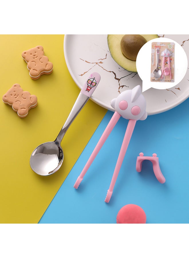 Genuine Ultraman Children's Chopsticks Silicone Tiger Mouth Training Learning Chopsticks Cartoon Practice Chopsticks Stainless Steel Tableware-Specifications:Children's Tableware-Color:Pink Practice Chopsticks + Spoon - Image 1
