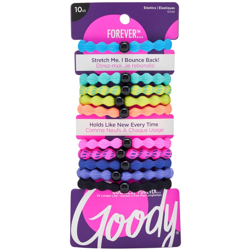 Goody Ouchless Forever Hair Elastics - 10 Ct, Assorted Neon, Damage-Free Bands, 3X Stronger Hair Ties, Retainable Shape, 16 Strand Inner Core, Hair Accessories for Women & Men, All Hair Types - Image 1