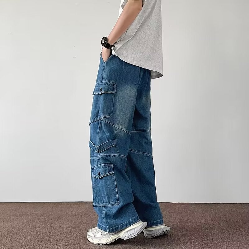 Men'S Denim American Vintage Washed Old Multi-Pocket Tooling Jeans Men'S And Women'S Loose Straight Casual Trendy Pants - Image 3
