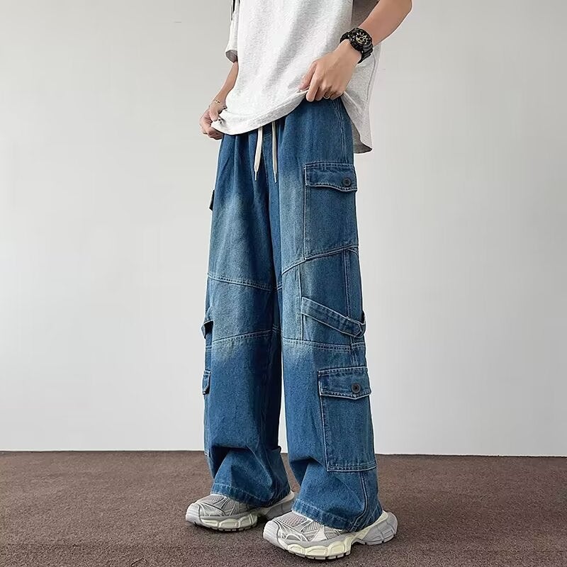 Men'S Denim American Vintage Washed Old Multi-Pocket Tooling Jeans Men'S And Women'S Loose Straight Casual Trendy Pants - Image 2