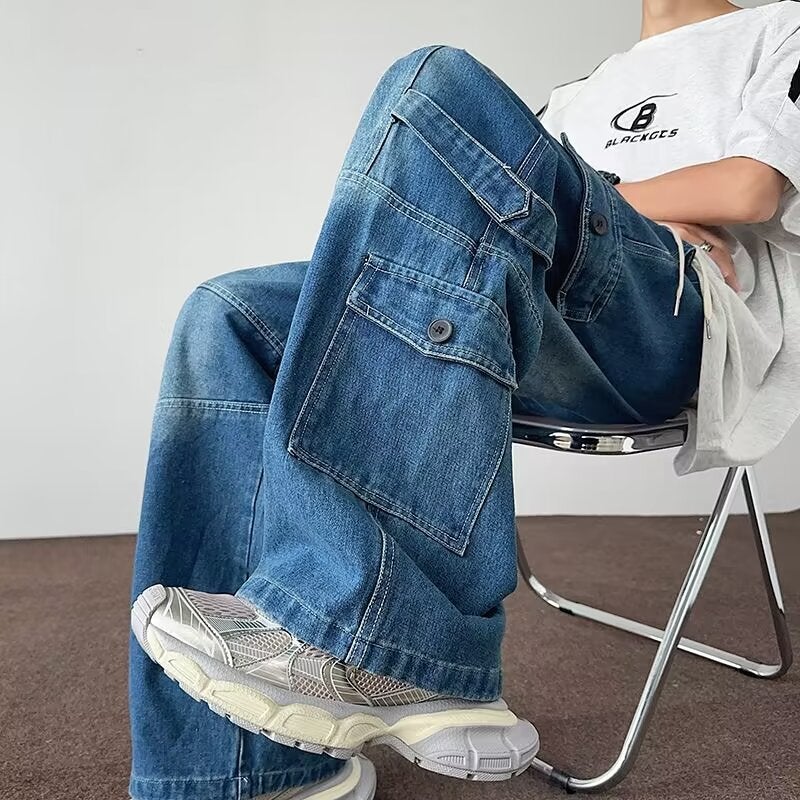Men'S Denim American Vintage Washed Old Multi-Pocket Tooling Jeans Men'S And Women'S Loose Straight Casual Trendy Pants - Image 5