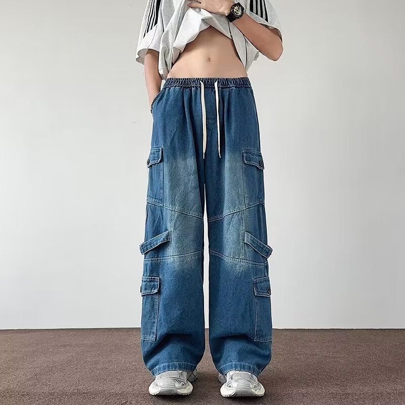 Men'S Denim American Vintage Washed Old Multi-Pocket Tooling Jeans Men'S And Women'S Loose Straight Casual Trendy Pants - Image 4