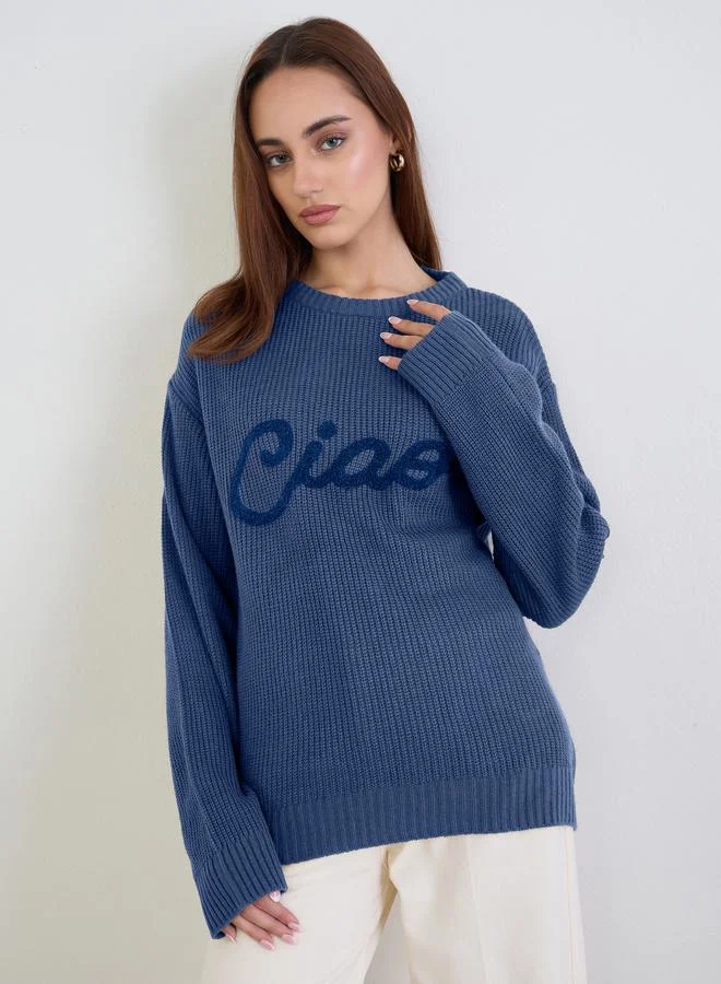 Styli Medium Blue Embroidered Sweater