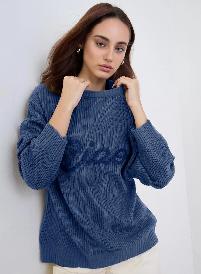 Styli Medium Blue Embroidered Sweater