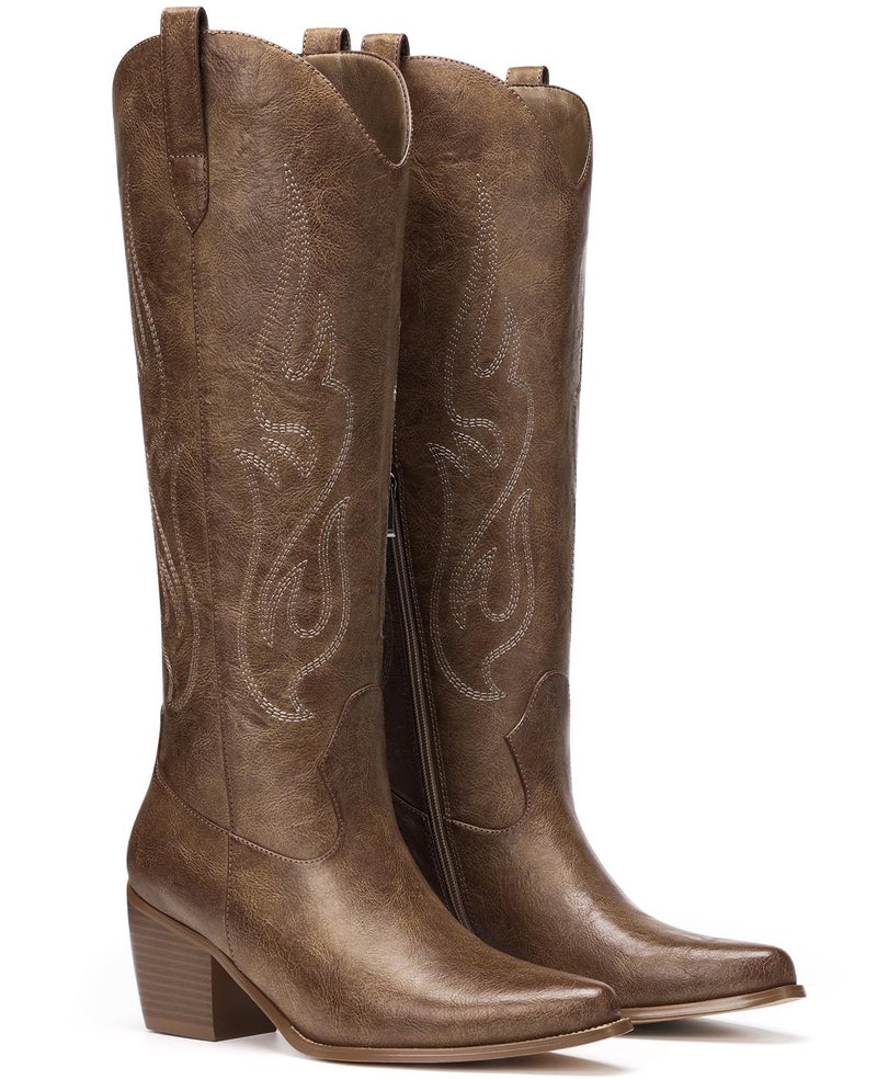 Pasuot Western Cowboy Boots for Women - Knee High Wide Calf Cowgirl Boots, Slip On Pointed Toe Chunky Heel Fashion Retro Classic Pull On Tall Boot for ladies Party concert Brown US 7 - Image 4